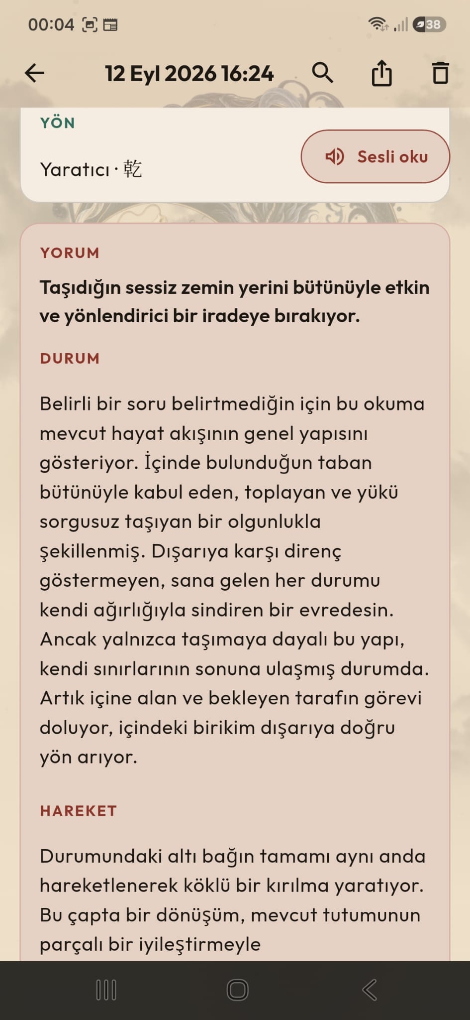 I Ching yorum kartı: Yaratıcı heksagramı, sesli oku, durum ve hareket bölümleri.